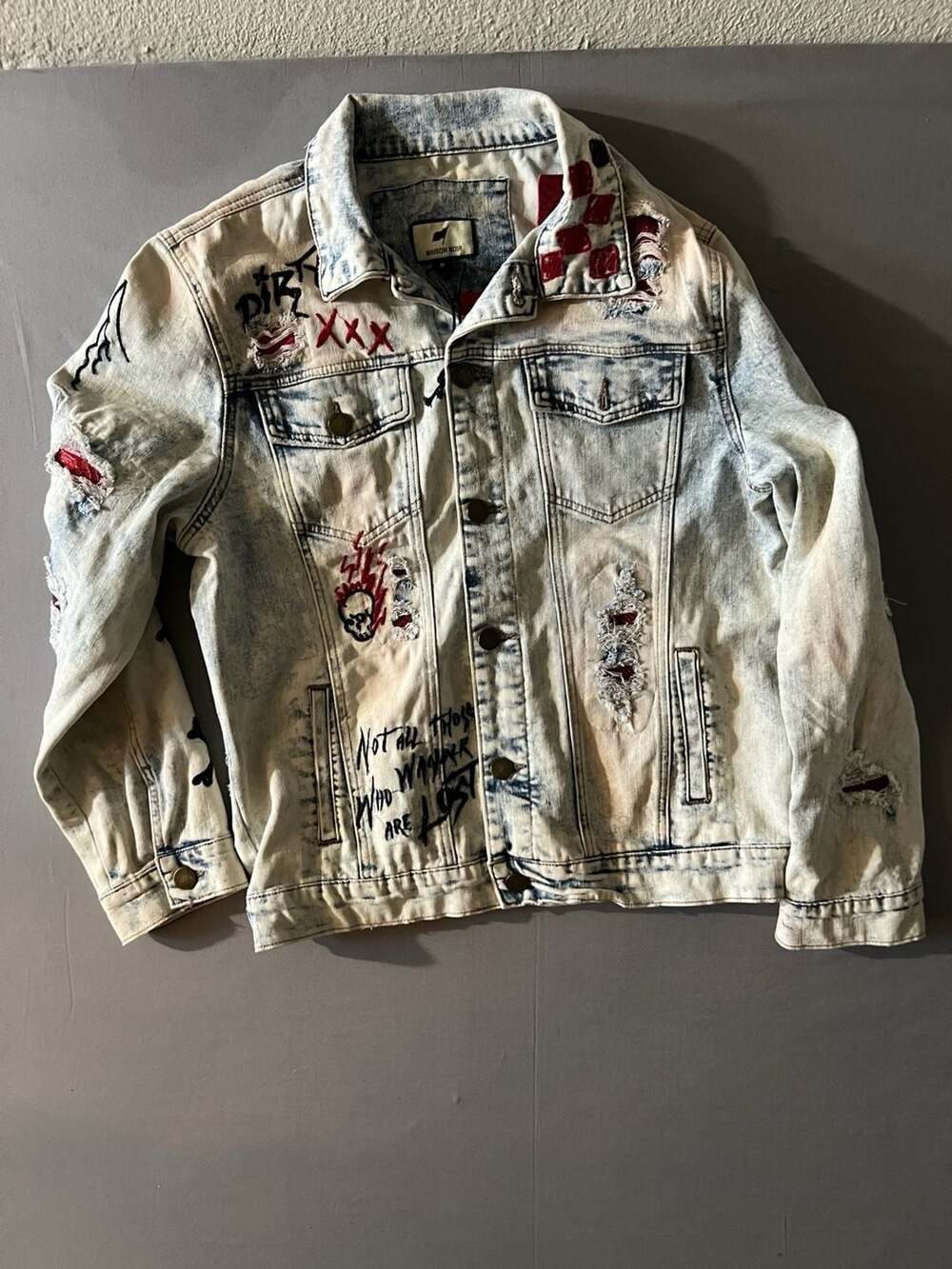 Maison Noir Men's Acid Wash Distressed Graffiti Denim Trucker Jacket